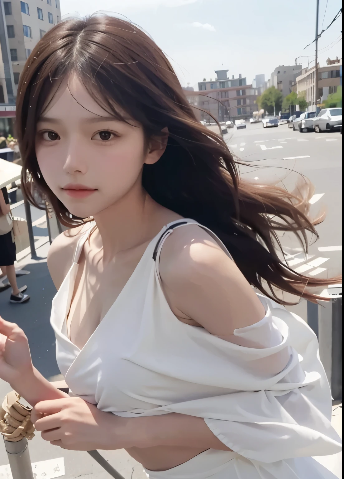 1 Girl,seaside,Soft Light,Chinese Beauty,Suspender dress
