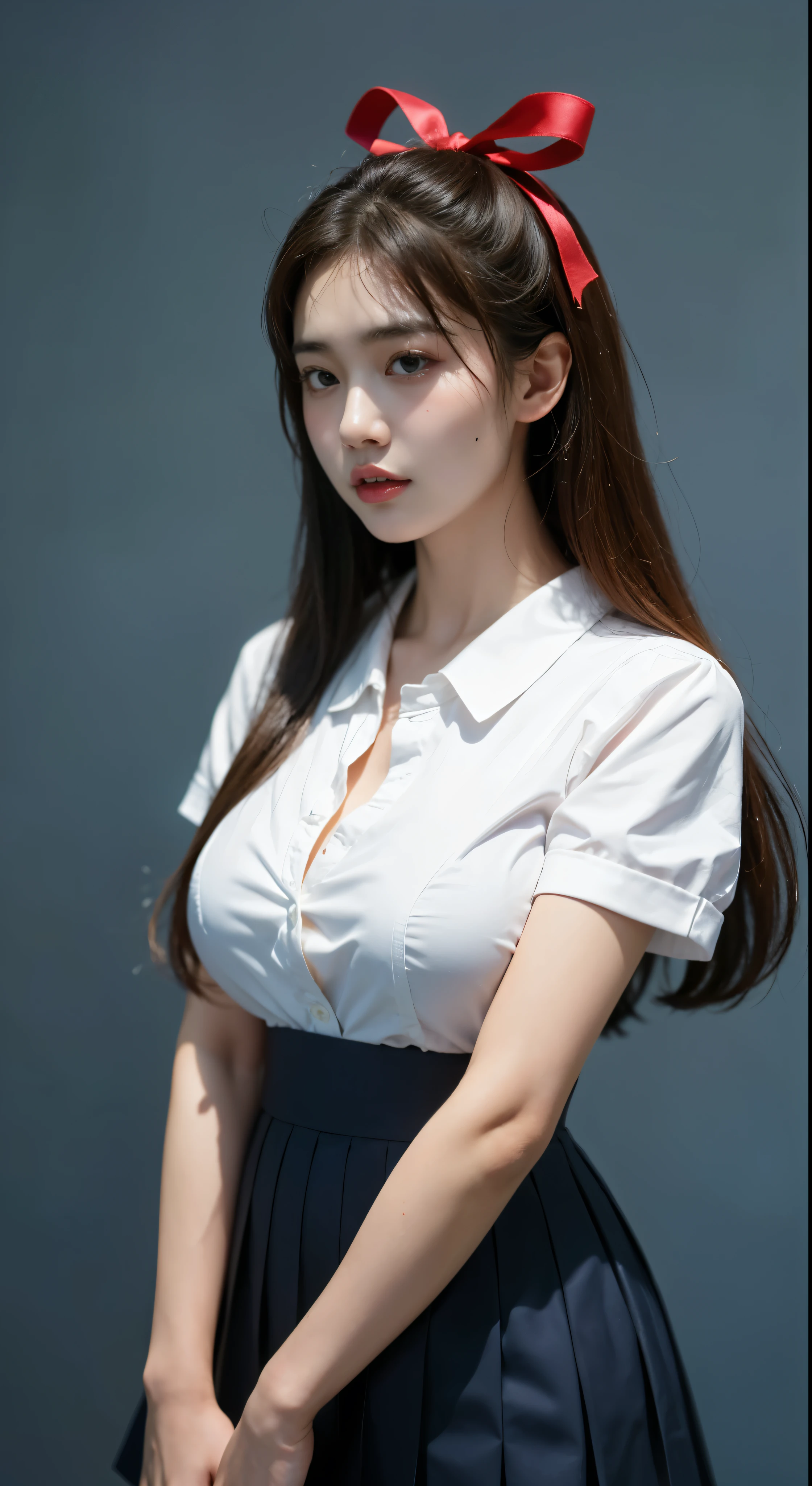 (Highest quality、Tabletop、、Best image quality、Award-winning works)、Very cute school girl、けたWhite polyester collared shirt、Short sleeve:1.4)、(Navy Pleated Skirt:1.1)、Girl portrait photography、Glowing Skin、Brown Hair、Are standing、View your audience、Sculpture Pose、(Deep quagmire background:1.45)、(Large Breasts:1.8)、Accentuate your body lines:1.1)、Very large red ribbon tie、Very long hair:1.75、((The expression on a man's face after he was raped by a group of women:1.95))