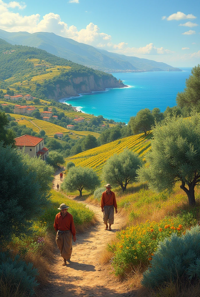 full body view, naked man and woman with shaved pussy work in a vineyard on a hillside, Rustic village in Transylvania nestled in a valley, color pencil drawing, Andrew Loomis approach, woman and man run on flotsam by the sea on beach in summer, full body shot, highly detailed linework reminiscent of Carne Griffiths, imbued with Wadim Kashim's bold color and texture, light and airy as Carl Larsson's compositions,
