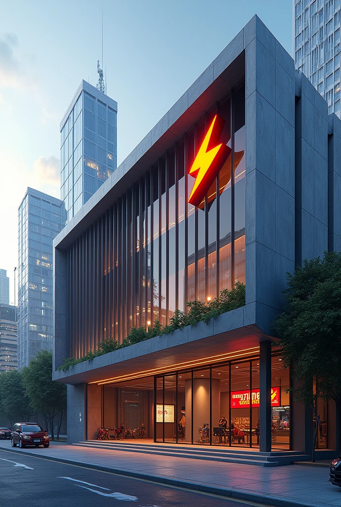 Create Realistic Gym Building Image With Name "POWER" And With A Lightning Bolt Logo