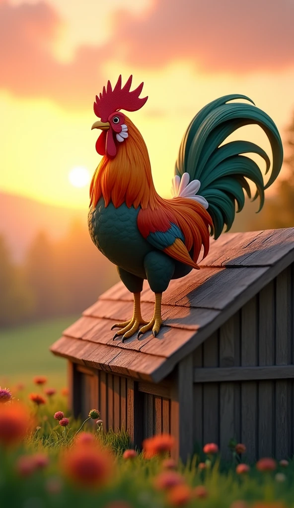 Draw a rooster with orange and green plumage on the roof of a large farm barn. The farm should be picturesque and detailed, with green fields and a sunrise sky with soft orange and pink tones, in a 3D animated style.