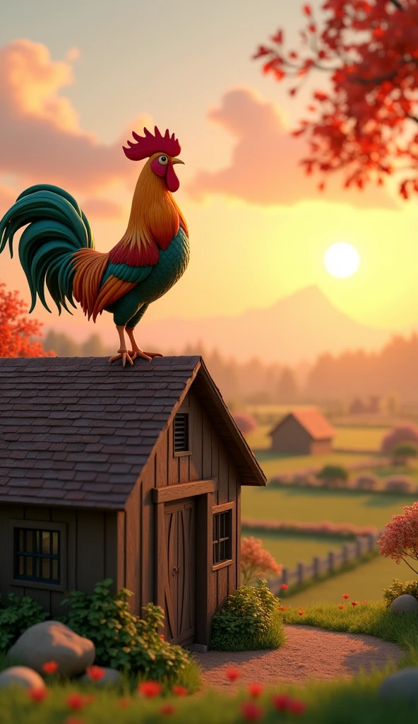 Draw a rooster with orange and green plumage on the roof of a large farm barn. The farm should be picturesque and detailed, with green fields and a sunrise sky with soft orange and pink tones, in a 3D animated style.