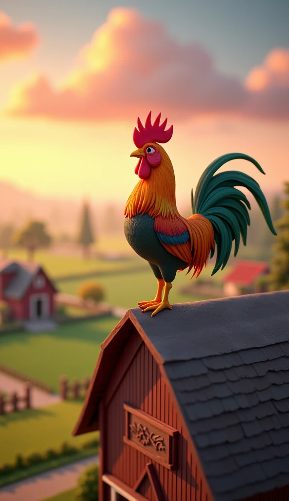 Draw a rooster with orange and green plumage on the roof of a large farm barn. The farm should be picturesque and detailed, with green fields and a sunrise sky with soft orange and pink tones, in a 3D animated style.