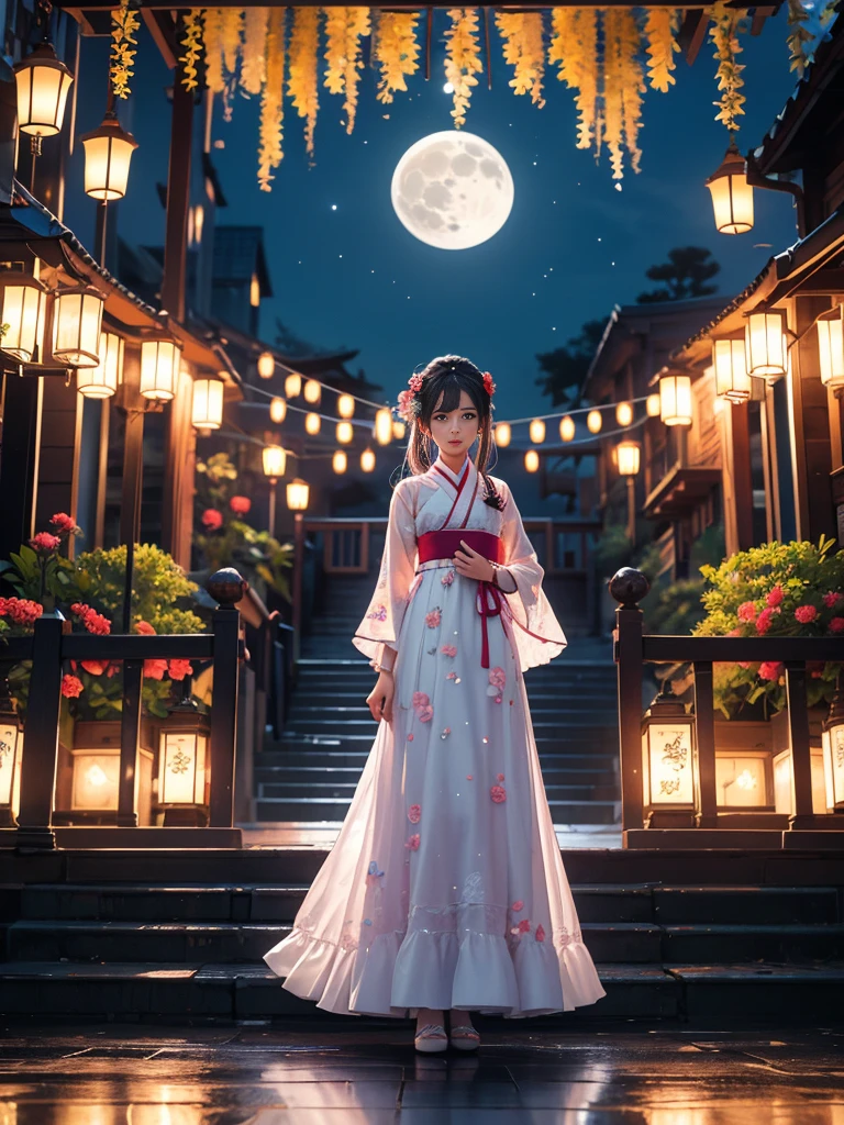 Highest quality, expensive_solve, clear_image, Detailed Background ,girl, Hanbok,flower,garden,moon, night,