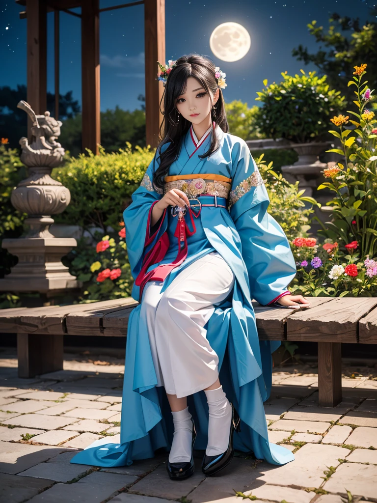 Highest quality, expensive_solve, clear_image, Detailed Background ,girl, Hanbok,flower,garden,moon, night,
