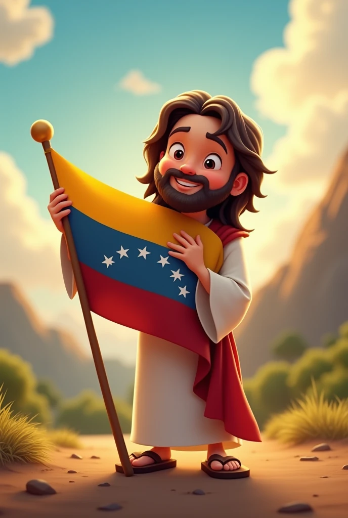 Animated cartoon of Jesus hugging the Venezuelan flag with Venezuelan map in animated background
