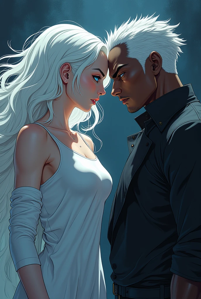 Albino anime girl, White Hair、White skin、blue eyes, Tall, Muscular, A dark-skinned man with a serious face, Both are anime style
