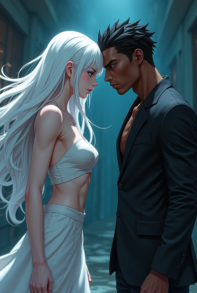Middle-aged Woman, sexy thunder thighs, sexy voluptuous, gigantic breasts, slimmest waist, sexy mature face, wear summer light blue dress, black hair, glowing eyes, open mouth, blonde hair, white hair, messy hair, very long hair, symbol-shaped pupils, aqua eyes, glowing eyes, pointy ears, earrings, angry, embarrassed, mouth hold, seductive smile, heavy breathing, moaning, torogao, rape face. A black man, muscle handsome body, brown skin, wear exercise clothes. woman flustered snuggle kisses on black man passionately, black man caress woman, in romance snuggle kiss passionately poses. Gothic art, Realism, UHD, textured skin, super detail, 8k, 16k, high quality