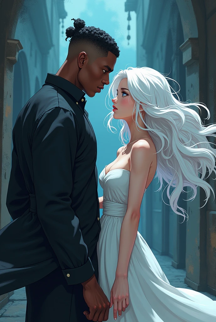 Albino anime girl, White Hair、White skin、blue eyes, Tall, Muscular, A dark-skinned man with a serious face, Both are anime style