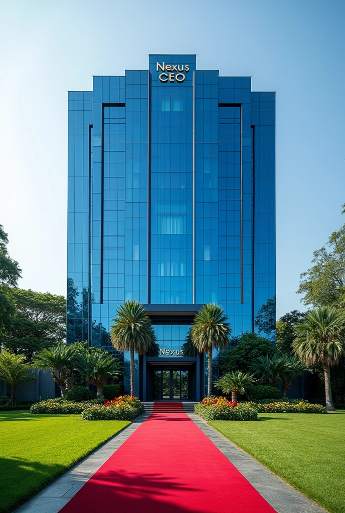 A full building of a blue building with Singaporean architecture, exquisite, beautiful and a very extended ground flour,on the entrance is a red carpet.The compound is full of grass and flowers altogether with a tarmac beautifuly shaped road it has it's own compound and no any other building around it.On the concrete of the building are the words NEXUS CEO