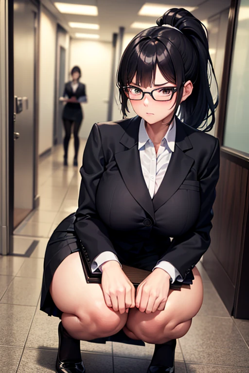 Adult woman, black hair, ponytail, teacher, formal suit, tight skirt, glasses, notebook in right hand, company corridor, huge breasts, thick legs, squatting, serious expression, no underwear, sexual