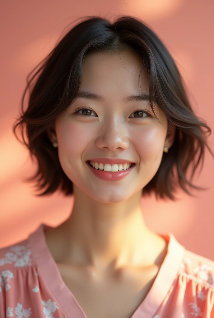 Make a photo of a smiling Asian woman with short hair against a blurred background.