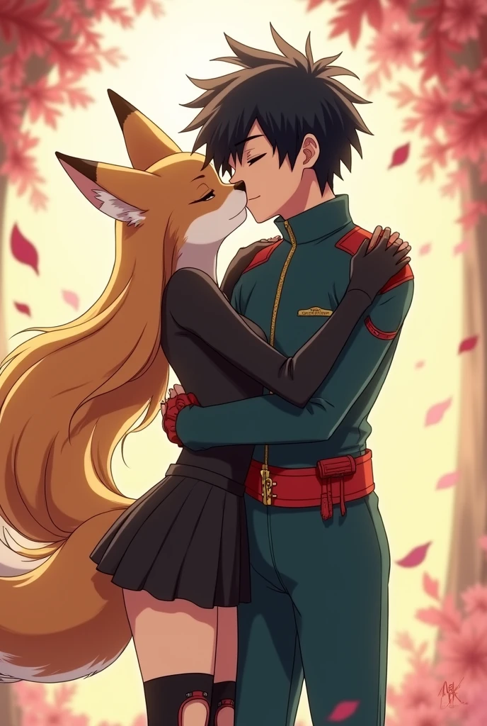 Anthropomorphic fox the same size as an 18 year old human with long hair and a black miniskirt like I told you I loved her yesterday hugging and kissing an 1 human boy with messy black hair wearing a dark teal deku style suit with black deku style skate knee pads from the thighs to the ankles with a red deku style belt with the top of the belt destroyed in 2D anime style 