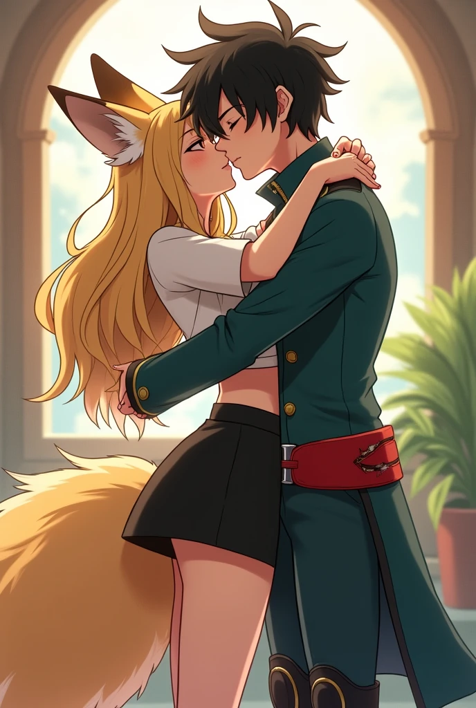 Anthropomorphic fox the same size as an 18 year old human with long hair and a black miniskirt like I told you I loved her yesterday hugging and kissing an 1 human boy with messy black hair wearing a dark teal deku style suit with black deku style skate knee pads from the thighs to the ankles with a red deku style belt with the top of the belt destroyed in 2D anime style