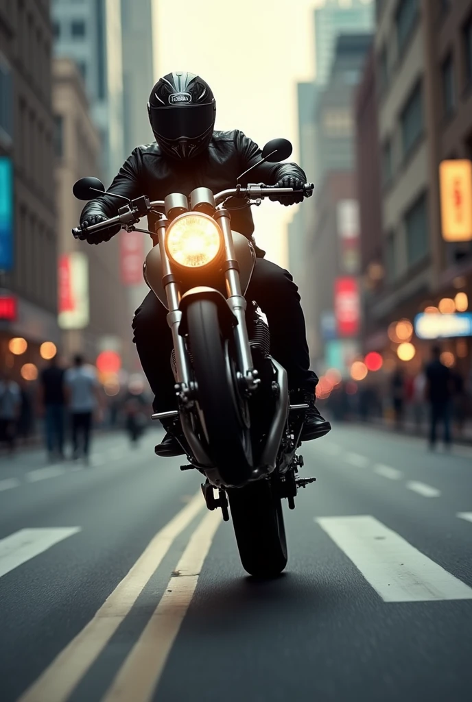 A photographic action shot of a motorcycle mid-wheelie on a busy street, pedestrians in the background, blurred motion, focus on the biker's determined face. Dusk lighting, high-speed effect. Text in bold: "Empinar motos não te faz invencível. Só te aproxima do fim." Created using: motion blur, dynamic composition, natural lighting, wide-angle lens, cinematic realism, deep focus, high-contrast shadows, street photography