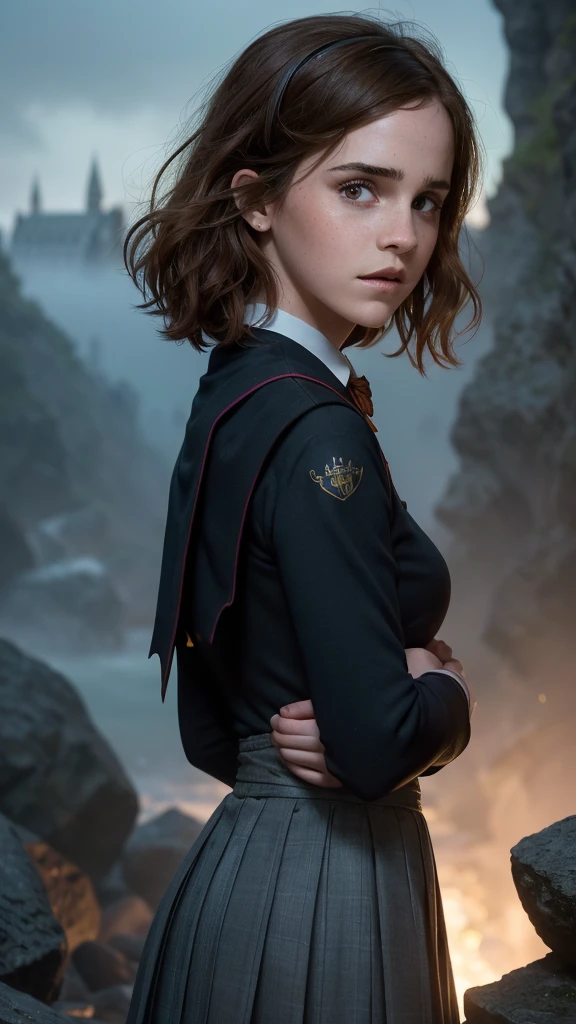 +18 An illustrated movie poster, hand-drawn, full color,(Emma Watson:V2.1 ),( a age Hogwarts student:1.4) ,(Camisa blanca corbata y chaleco) , (falda student corto plomo :1.4), (hogwarts school uniform:1.4), 18-years-old, female, wearing a charcoal vest and a pleated skirt, athletic hourglass figure, full wide hips, massive round butt, long shapely legs, ridiculously thick powerful thighs, vibrant eyes, deep dark auburn hair, thick shaggy bangs, flushed sun-kissed complexion, freckles, resembles Genevieve O'Reilly, standing in a foggy Hogwarts courtyard, surrounded by mist, graphite shading, stencil marks, airbrushed acrylic paint, masterpiece, close-up shot, in the style of the Deathly Hallows, high quality, (RAW photo, best quality), (realistic, photorealistic: 1.4), (extremely delicate and beautiful: 1.4), amazing, fine details, masterpiece, ultra detailed, high resolution, best illustration, best shadow, intricate, ( extremely intricate: 1.2), (exquisitely detailed skin), cinematic light, perfect anatomy, (cool color: 1.4), sharp focus, 8k UHD, DSLR, (Fujifilm XT3),(iluminación cinematográfica :1.4),( Hermione Granger:1.4), (Emma Watson: V2.1), (ojos de Emma Watson:1.5), (hogwarts school uniform:V2.1),( pose americano :1.4), (estilo cinematográfico :1.4), (efectos cinematográfico :1.4), (colores cinematográfico), (beautiful landscape with colorful sea rocks, magical lighting, detailed hard ttiti, and boob milk:1.4 ), (partículas flotantes, agua mágica:1.4)