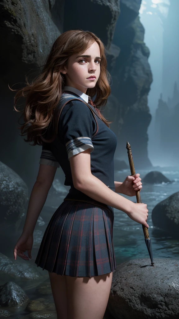 +18 An illustrated movie poster, hand-drawn, full color,(Emma Watson:V2.1 ),( a age Hogwarts student:1.4) ,(Camisa blanca corbata y chaleco) , (falda student corto plomo :1.4), (hogwarts school uniform:1.4), 18-years-old, female, wearing a charcoal vest and a pleated skirt, athletic hourglass figure, full wide hips, massive round butt, long shapely legs, ridiculously thick powerful thighs, vibrant eyes, deep dark auburn hair, thick shaggy bangs, flushed sun-kissed complexion, freckles, resembles Genevieve O'Reilly, standing in a foggy Hogwarts courtyard, surrounded by mist, graphite shading, stencil marks, airbrushed acrylic paint, masterpiece, close-up shot, in the style of the Deathly Hallows, high quality, (RAW photo, best quality), (realistic, photorealistic: 1.4), (extremely delicate and beautiful: 1.4), amazing, fine details, masterpiece, ultra detailed, high resolution, best illustration, best shadow, intricate, ( extremely intricate: 1.2), (exquisitely detailed skin), cinematic light, perfect anatomy, (cool color: 1.4), sharp focus, 8k UHD, DSLR, (Fujifilm XT3),(iluminación cinematográfica :1.4),( Hermione Granger:1.4), (Emma Watson: V2.1), (ojos de Emma Watson:1.5), (hogwarts school uniform:V2.1),( pose americano :1.4), (estilo cinematográfico :1.4), (efectos cinematográfico :1.4), (colores cinematográfico), (beautiful landscape with colorful sea rocks, magical lighting, detailed hard ttiti, and boob milk:1.4 ), (partículas flotantes, agua mágica:1.4)
