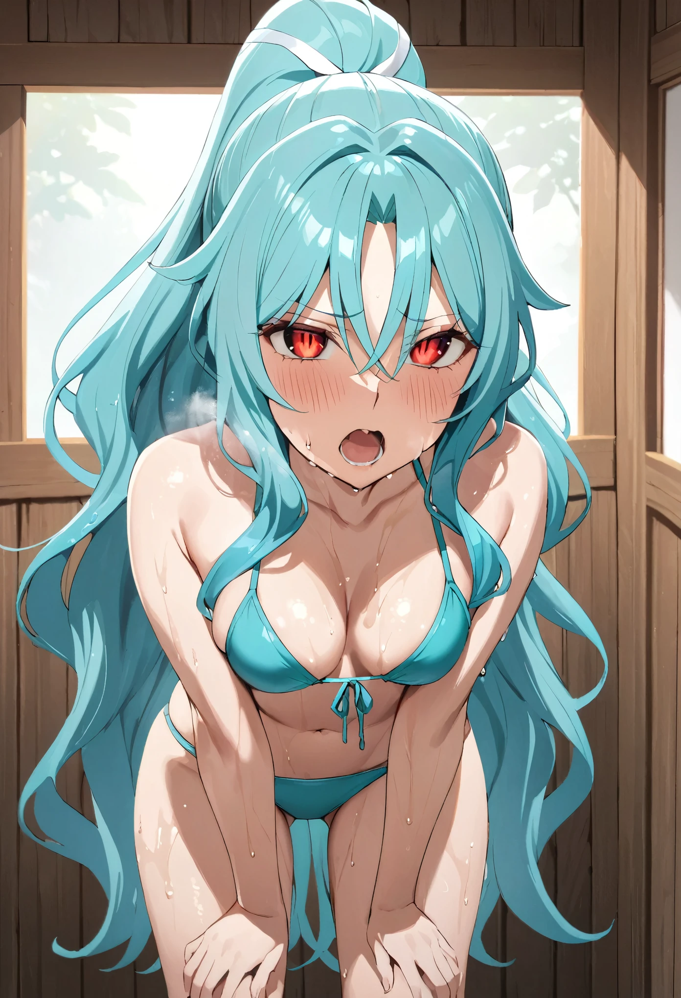 ong hair aqua hair ponytail red eyes,slit pupils,medium breast,((bikini)),heavy breathing,out of breath,steam,wet,sweat,exhale,bend forward,standing,hands on the knees,looking up,looking at viewer,open mouth