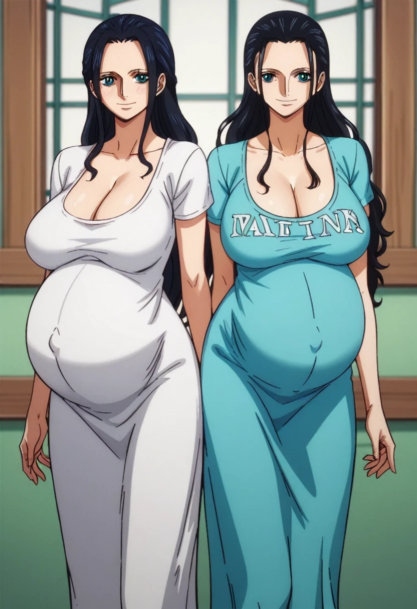 Huge breasts、Pregnant women、smile、
{Highest quality}, {so beautiful}, {Very detailed}, {Best illustrations},Life、slim:1.5 、Nico Robin, Black Hair, Long Hair, blue eyes, Large Breasts, Perfect body, View your viewers,, Cleavage, T-shirt long maxi dress、Are standing