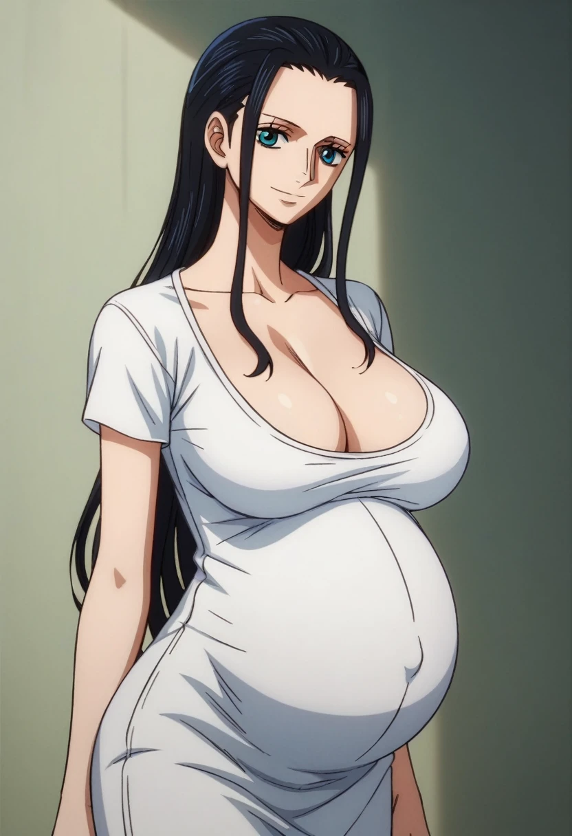 Huge breasts、Pregnant women、smile、
{Highest quality}, {so beautiful}, {Very detailed}, {Best illustrations},Life、slim:1.5 、Nico Robin, Black Hair, Long Hair, blue eyes, Large Breasts, Perfect body, View your viewers,, Cleavage, T-shirt long maxi dress、Are standing