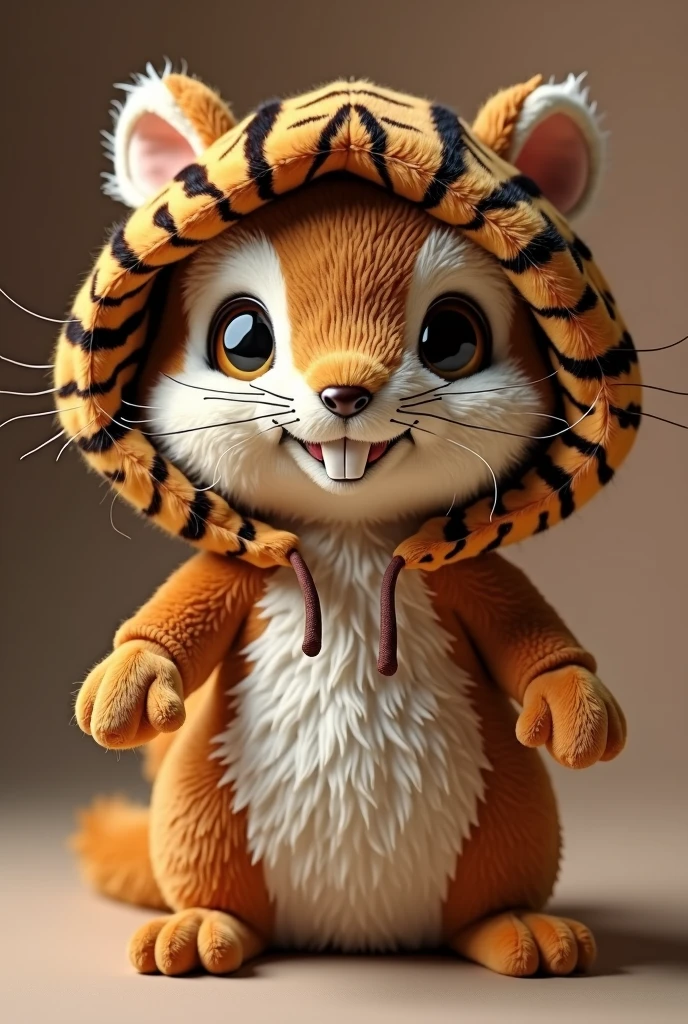 Brown male squirrel doll with a brown tiger-design hood and two protruding teeth