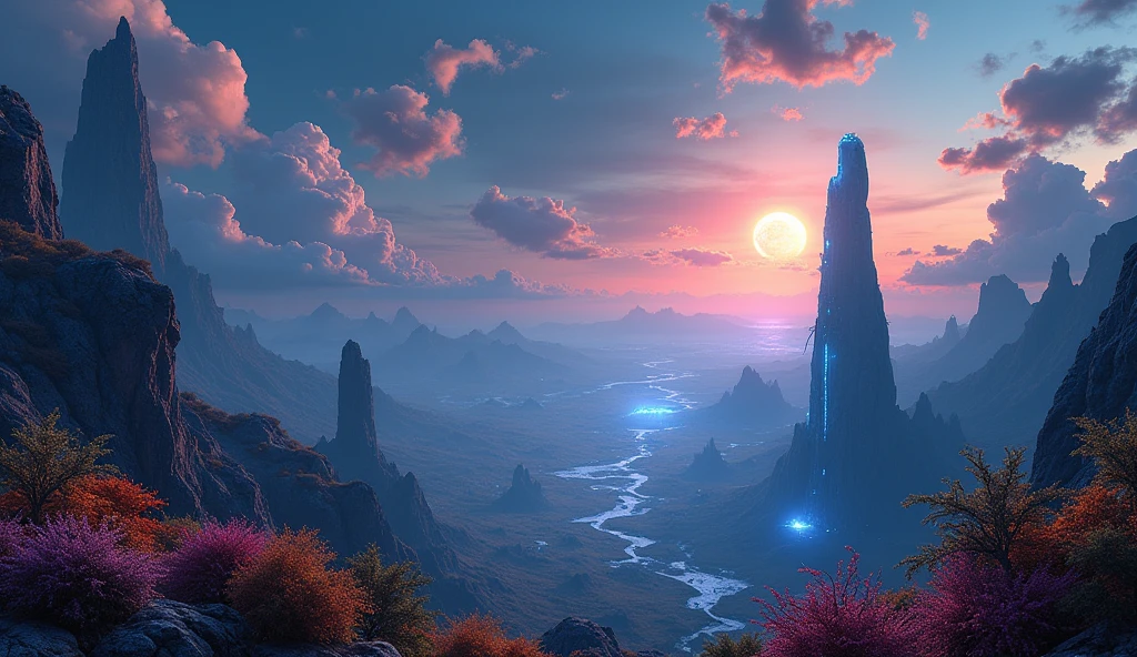 A vast, alien world, 13 times larger than Earth, 8 continents, 3 moons, highly detailed, hyper-realistic, cinematic, dramatic lighting, epic landscape, alien architecture, floating islands, bioluminescent flora and fauna, awe-inspiring scale, volumetric clouds, vibrant colors, dramatic shadows, photorealistic, 8k, masterpiece