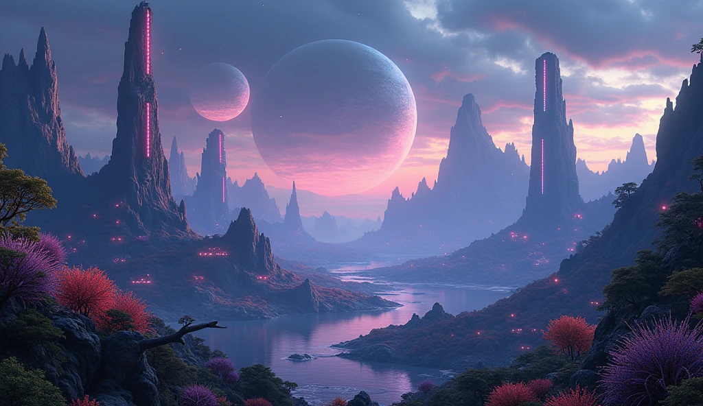 A vast, alien world, 13 times larger than Earth, 8 continents, 3 moons, highly detailed, hyper-realistic, cinematic, dramatic lighting, epic landscape, alien architecture, floating islands, bioluminescent flora and fauna, awe-inspiring scale, volumetric clouds, vibrant colors, dramatic shadows, photorealistic, 8k, masterpiece