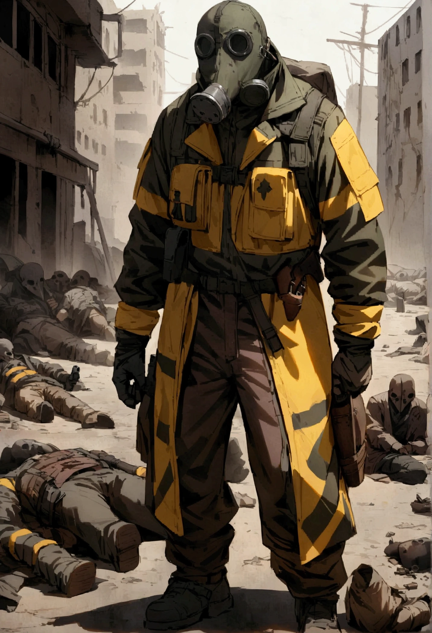 man dressed in black overcoat black pants with a gun holster on his leg with a black plague mask of crow wearing a black boot with a pistol in his hand in a destroyed world full of dead bodies