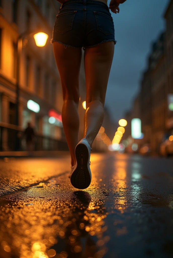 Close-up of a woman&#39;s feet running on a street at night