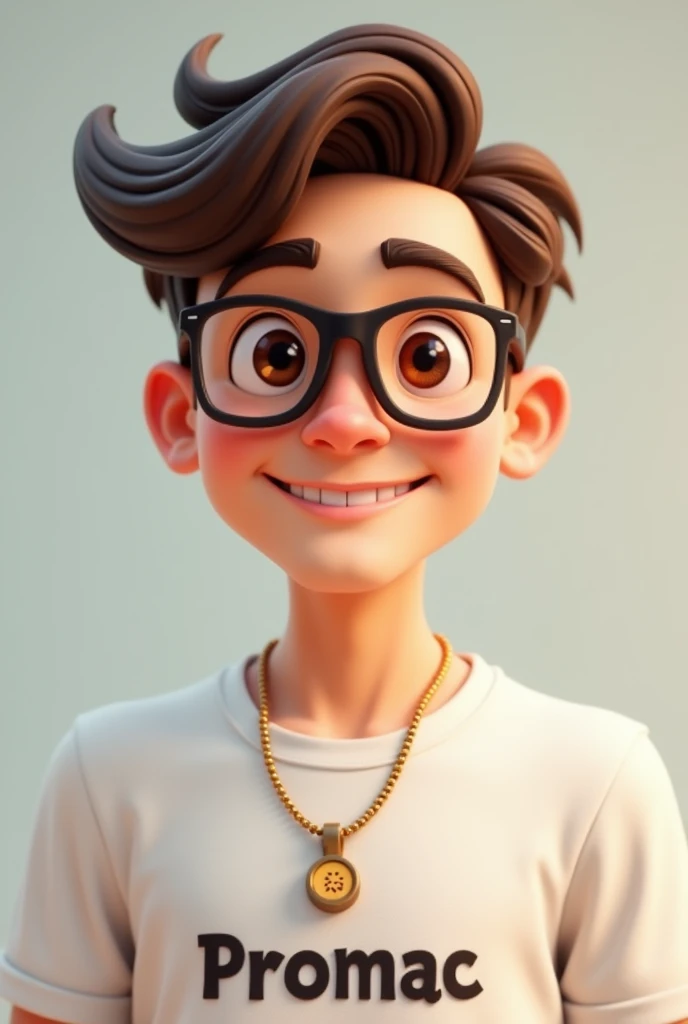 Create a happy and friendly avatar of a 20 year old boy with brown hair and glasses and a gold chain related to cement, wearing a shirt with promac written on it