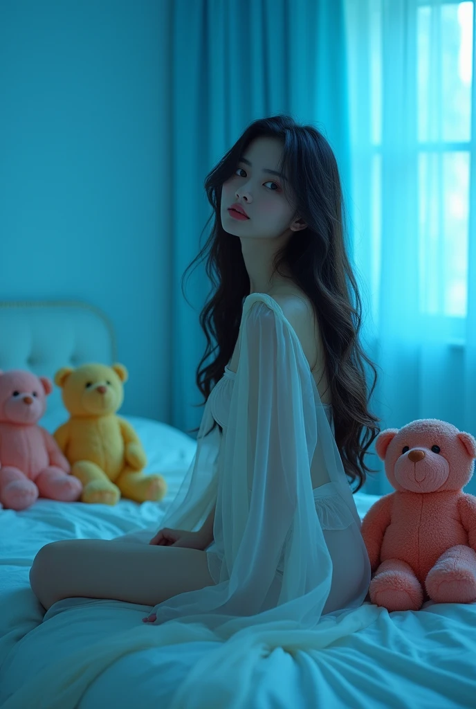 Full-body, wide-angle shot of a Thai woman wearing a see-through dress, sitting on a bed, in a blue room, with long hair, and several colorful teddy bears. 