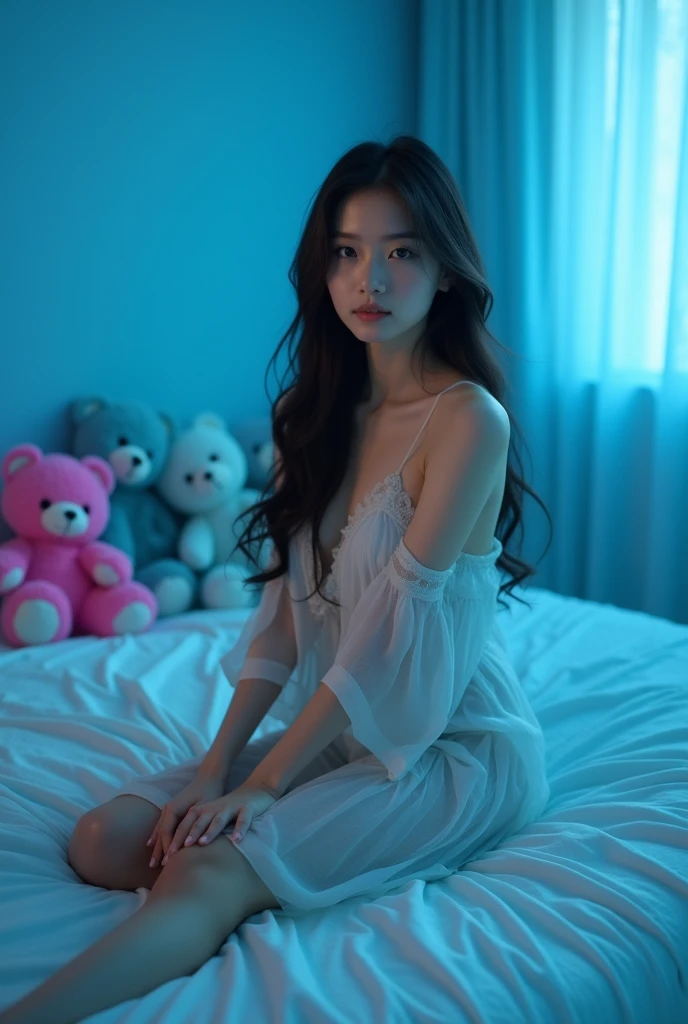 Full-body, wide-angle shot of a Thai woman wearing a see-through dress, sitting on a bed, in a blue room, with long hair, and several colorful teddy bears.