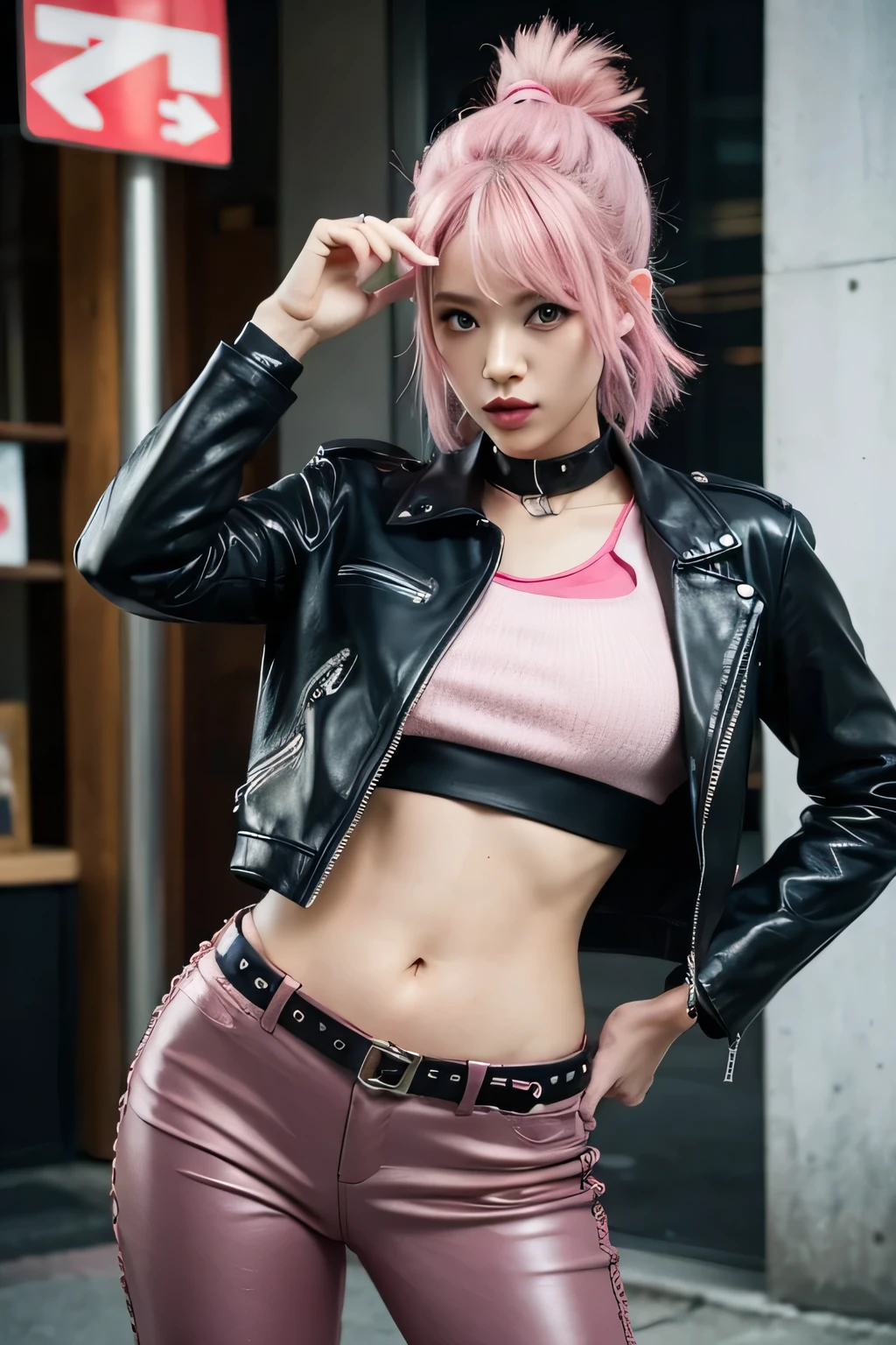 (8K, top-quality, masterpiece:1,2), (reallistic, Photorealsitic:1.37), Super Detail, One girl,), (Highly detailed), (beautifully detailed eyes), (of the highest quality), (super detailed ), (masterpiece), (Detailed face),20yr old, ,1 girl, ((pink hair)), medium breasts, clothed, Perfect Lighting, pussy and breast focus, looking at viewer, wearing tight, revealing black leather suit with V-neck, holster on her waist, pink short hair with bangs, ((ahegao expression)), gold choker with small key pendant, posing with arched back, in a dark, smoky background with police station logo, highlited eyes and lips.