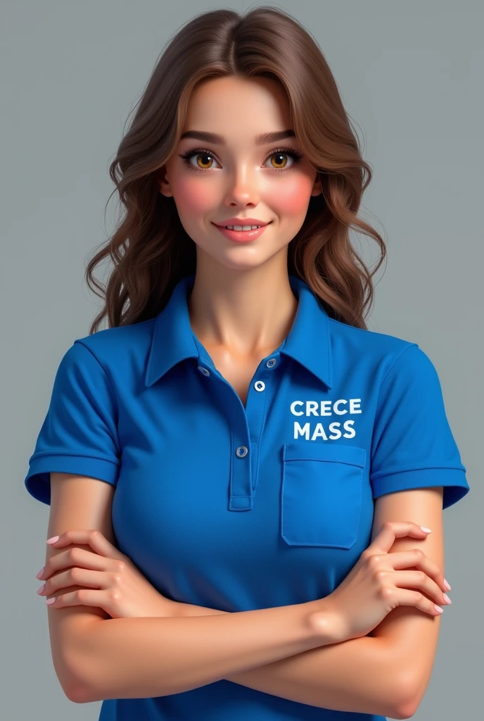 Create a realistic image of a young lady wearing an electric blue polo shirt  . That on the chest it is written in capital letters and blue : "CRECE MASS" in the right pocket. Also, the lady has her arms crossed . With wavy hair , Brown color. Also wear a smile and eyes. Color Hazel.