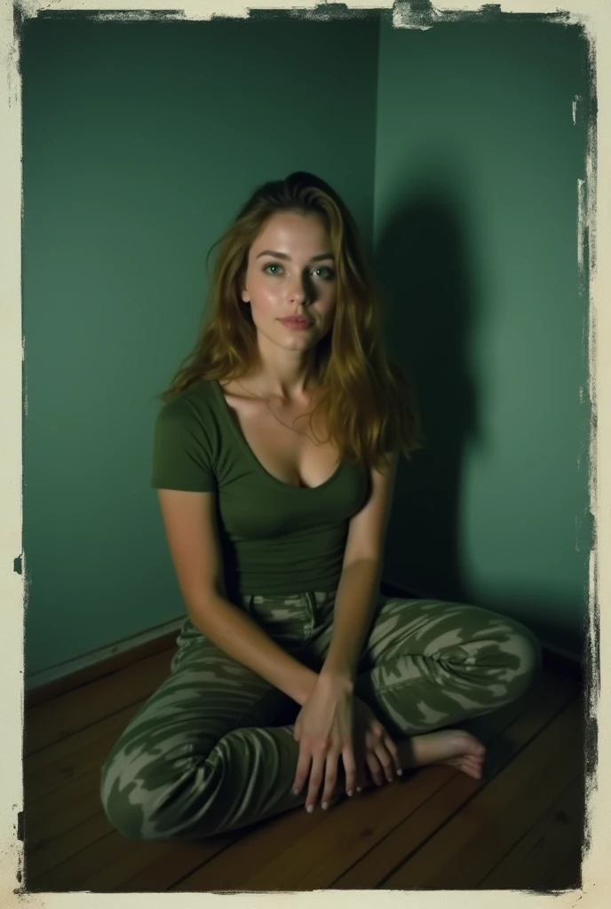 polaroid photo, night photo, smiling shyly, sitting in corner of dark room, beautiful slim Ukrainian woman, wearing cammo pants and green tight shirt, pale skin, dirty face, motion blur