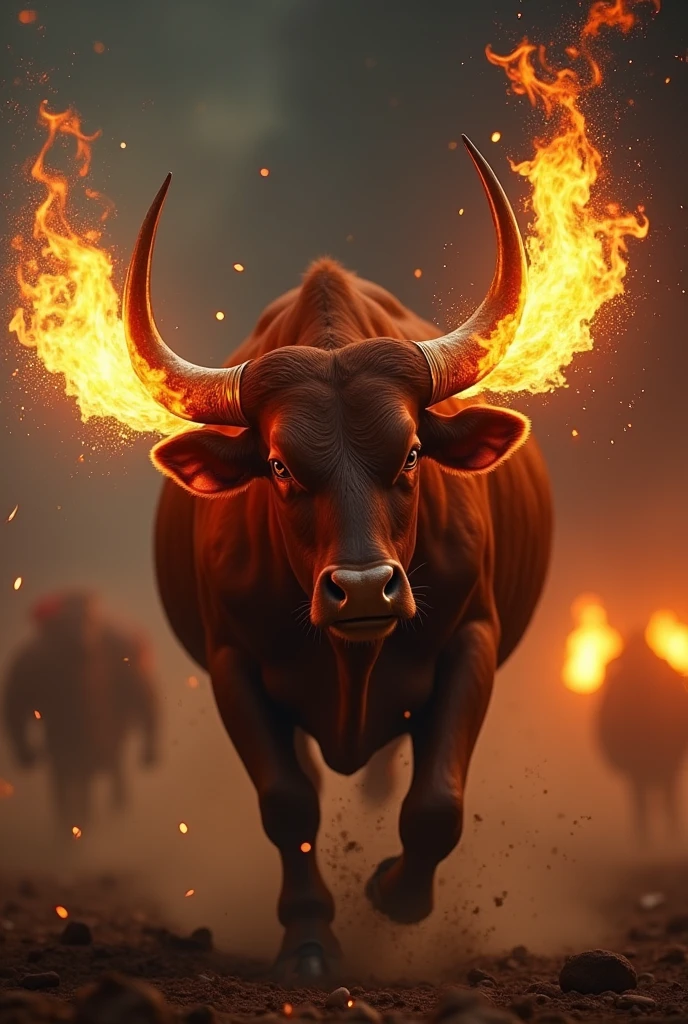 close-up, dramatic shot of an ox with flames attached to its horns, charging through the Mughal camp. The flames create a stark contrast against the dark night, with the ox's determined eyes and muscular build emphasized. Sparks fly from the torches, adding a dynamic element to the image, while the background is blurred to focus attention on the powerful animal in motion."
