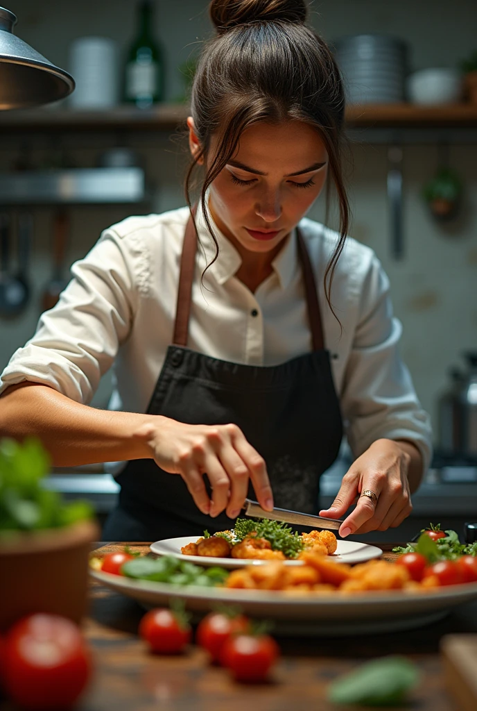 A woman cooking as if her life depends on it