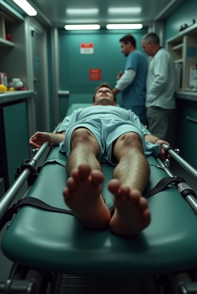 First person image on a stretcher with a broken leg