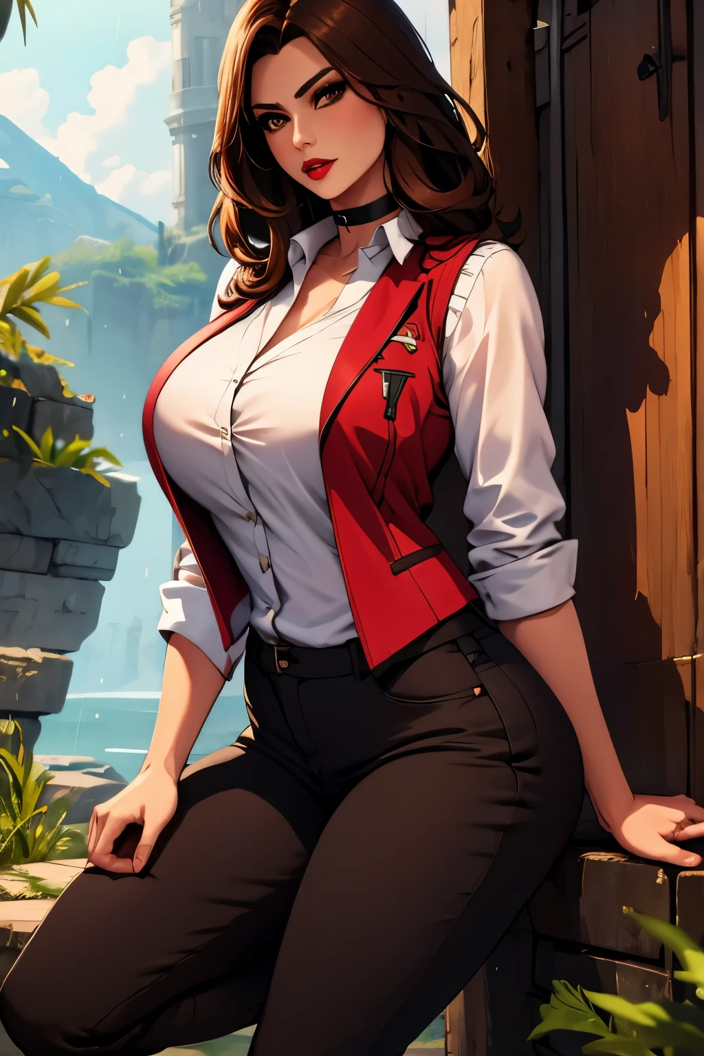 The woman, (((shirt, shirt, vest, best, pants))), Boots, Cuba in the background, jungle, rain, rain, Very detailed, Realistic long-term photography, 4k, by the wide, brown hair, By the chestnut, Red lips, choker, shocks, sexy,red lips, brown eyes, big breasts, big breasts, breasts, wet ,Lucia Auditore