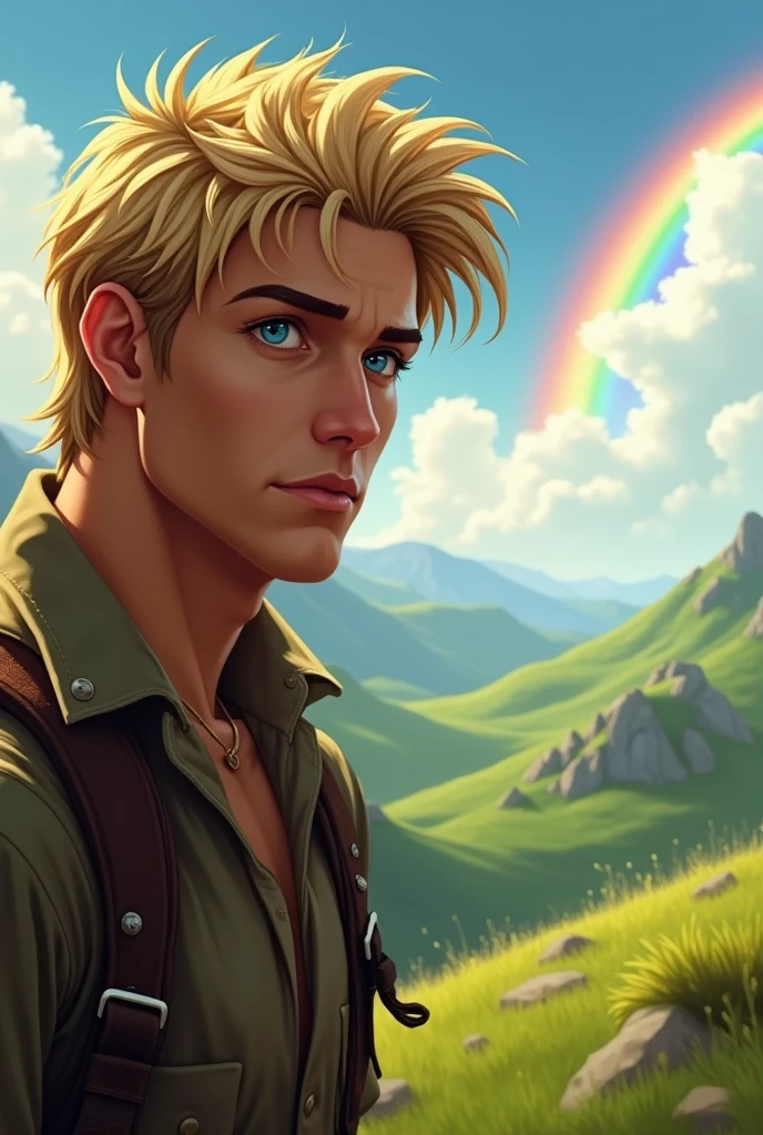 Handsome guy, Blond and worried looking for treasure at the end of the rainbow