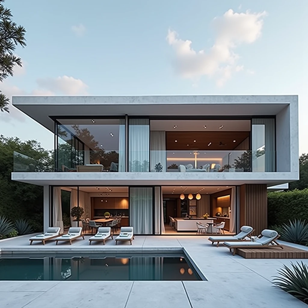 RAW photo,Masterpiece, high quality, best quality, realistic, super detailed, exterior, a modern style villa(Minimalist lines,Architecture: Using minimalist lines, dots break the curve as a highlight Materials: Combination of glass, concrete, and natural wood. Open space: The living room and kitchen are connected, using large glass doors to take advantage of natural light. Sky: bright, blue clouds Outdoor area: Small swimming pool and green garden with native plants. modern:1.2),(white wall:1.1), glass railings, glass windows, trees, grass , ((sunset)), sky, vivid colors, (high detail :1.2), 8k uhd, dslr, soft light, high quality, film grain, Fujifilm XT3Negative