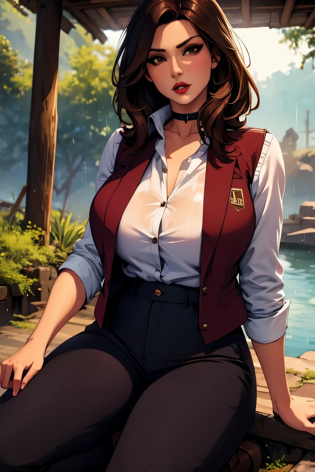 The woman, (((shirt, shirt, vest, best, pants))), Boots, Cuba in the background, jungle, rain, rain, Very detailed, Realistic long-term photography, 4k, by the wide, brown hair, By the chestnut, Red lips, choker, shocks, sexy,red lips, brown eyes, big breasts, big breasts, breasts, wet ,Lucia Auditore