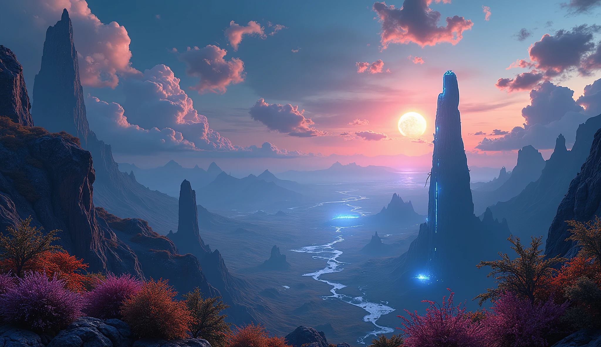 A vast, alien world, 13 times larger than Earth, 8 continents, 3 moons, highly detailed, hyper-realistic, cinematic, dramatic lighting, epic landscape, alien architecture, floating islands, bioluminescent flora and fauna, awe-inspiring scale, volumetric clouds, vibrant colors, dramatic shadows, photorealistic, 8k, masterpiece