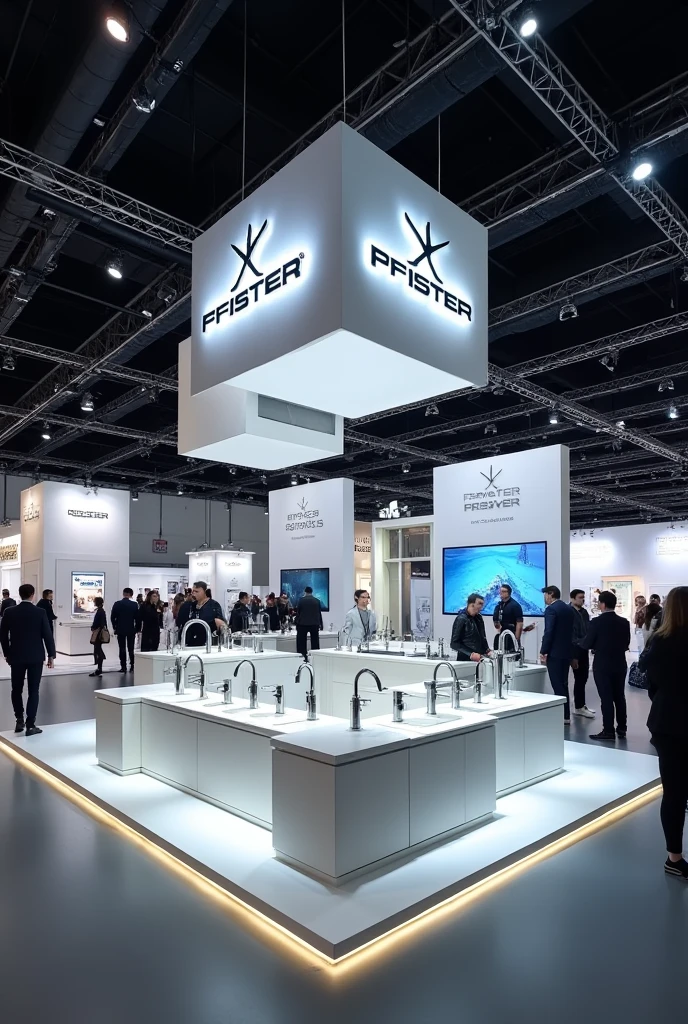 Modern trade fair stand for the Pfister faucet brand with various faucet items on display