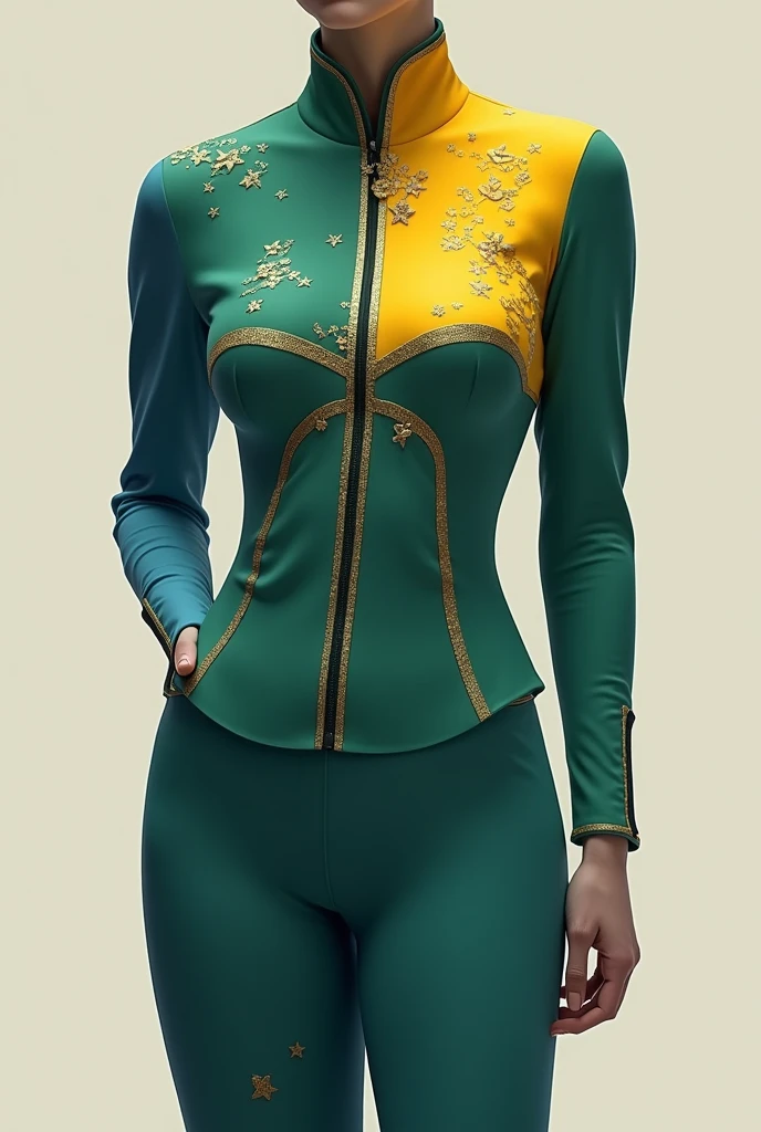 Formal and elegant Olympic uniform. green colors, azul e amarelo. Leopard print details in some parts. Golden Deatlhes. white stars. Female and male version. Roupa modesta