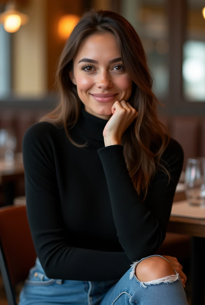 "MONOCHROME B&W IMAGE: 01 WOMAN (solo, 35 years old, French, very similar to Audrey Tautou, long black hair, brown eyes, wearing a wool sweater, expression marks on her face, glint in her eye, enimatic smile, staring at her smartphone) sitting at a TABLE (on the table are an ashtray with Marboro cigarettes, half a bottle of whiskey, half a glass of whisky on the rocks) of a typical ENGLISH PUB (whisky club, decoration, faint tobacco smoke in the air) | monochrome (black and white) photo realist, noir atmosphere, soft shadows, high level of detail, high noise, medium sharpness, sharp focus, high contrast, photorealism in UHD, RAW, analog, cinematic quality | P. O.V.: close-up, focus on woman's smile"|