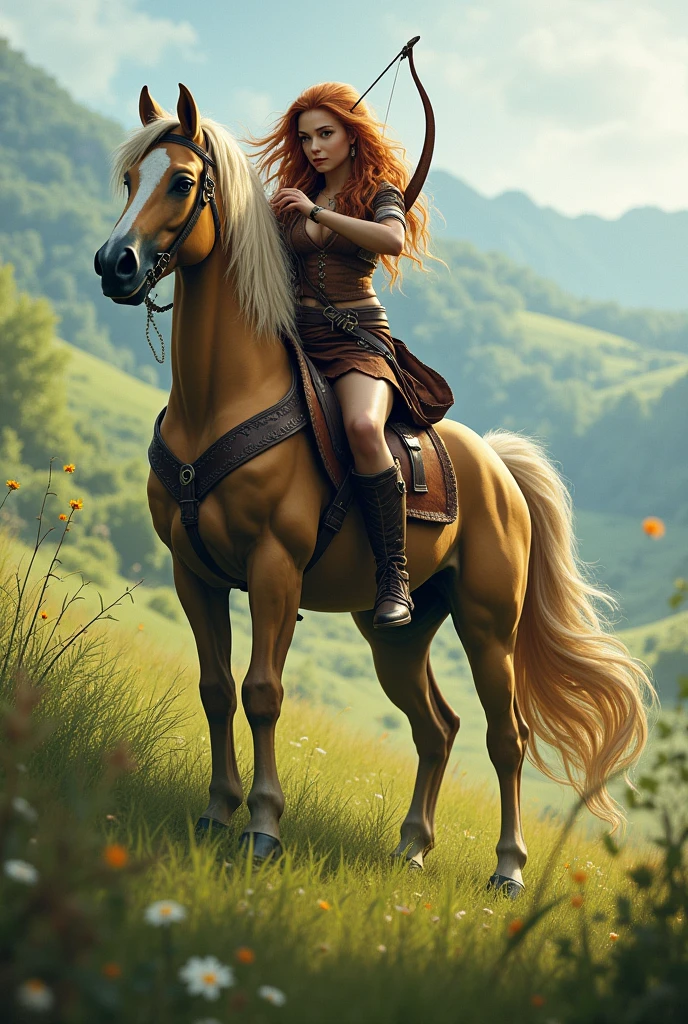 Centaur Girl、One Girl、4 legs、grassland、Long Hair、Holding a bow and arrow、Leather costume、