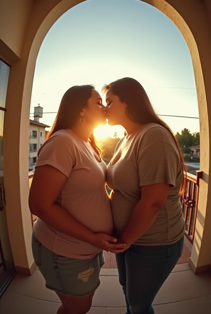 Pov fisheye view camera view of you as a plus size American pregnant mother and her lesbian partner kiss on the terrace of the house in the daytime light. iphone camera style. 8k hd, realface, cinematic. High detail