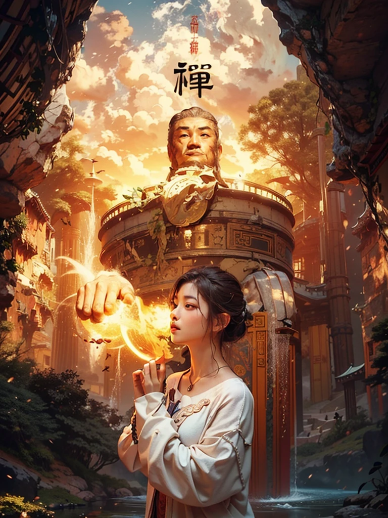 best quality,masterpiece,Ultra-high resolution,(Reality:1.4),xiuxian,arms,Delicate face,Solitary,arms,cleveage,(Magic Circle:1.2),xiuxian,Upper Body,beautiful girl,whole body,east asian architecture,sheath,architecture,