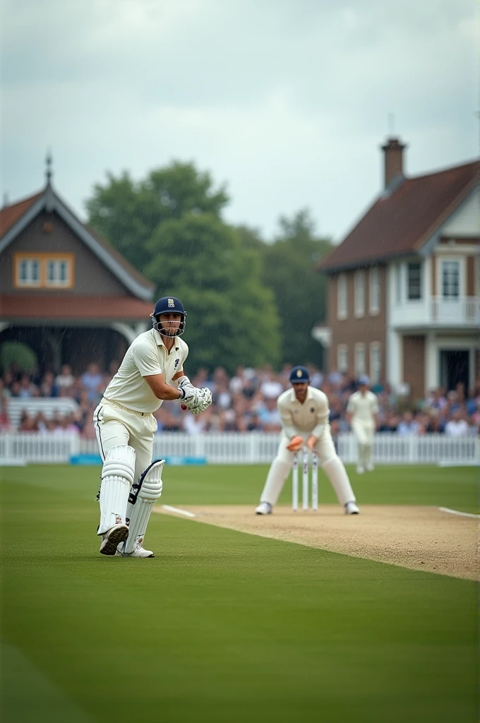 Certainly! Here’s a more detailed description:
"A photo of a Test cricket match in England, captured on a cloudy afternoon. The scene shows a green, well-manicured pitch with a white boundary line. In the foreground, a bowler in traditional white kit is mid-delivery, his follow-through captured in motion. The batsman, wearing a white helmet and pads, is poised to play the ball, with a focused expression. Fielders are positioned in classic Test match placements: a slip cordon, a gully, and a short leg. The background reveals an iconic English cricket ground, with an old-fashioned pavilion and a crowd of spectators in the stands. The overcast sky and the slight drizzle add to the classic English cricket ambiance."